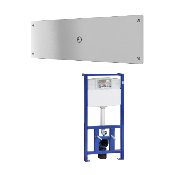 Piezo spłukiwacz toaletowy ze specjalną wandaloodporną płytką, w połączeniu ze stelażem i zbiornikiem SLR 21, 24 V DC