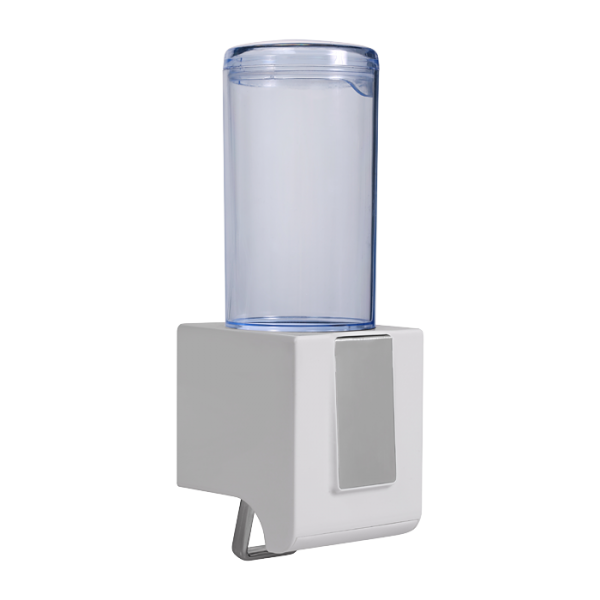 Podajnik mydła w płynie i żelu do dezynfekcji z zaworem dozującym, pojemność 0,5 l, materiał biały i przeźroczysty plastik ABS