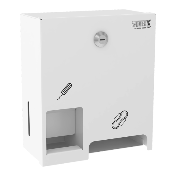 Nierdzewny dozownik na tampony i podpaski, białe malowanie proszkowe